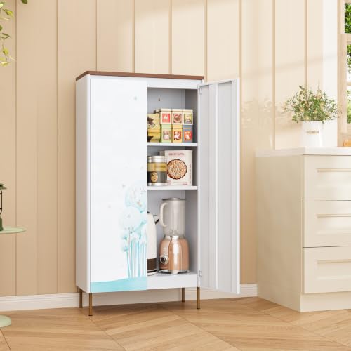 Image of 47 inch Metal Pantry Cabinet,White Kitchen Pantry Cabinets with Doors | Small Freestanding Storage Cabinet with Adjustable Shelves,Modern Cabinet for Living Room, Kitchen,Dining,Tree Pattern