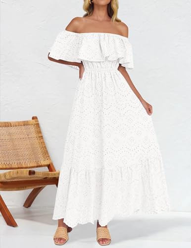 ZESICA Women's 2025 Summer Off Shoulder Ruffle Midi Dress Short Sleeve High Waist Hollow Out Embroidery Party Dresses2