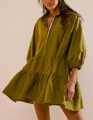 Image of Mingzhu Womens Summer Tiered Puff Sleeve Shirtdress Flowy A-line Babydoll Mini Dress