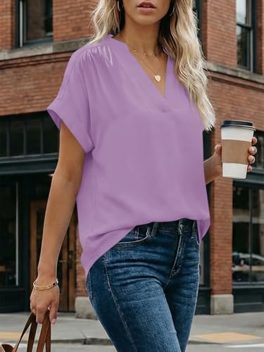 Cicy Bell Womens Short Sleeve V Neck Blouses Dressy Casual Summer Loose Shirts Trendy Business Pleated Tops Violet — view 5