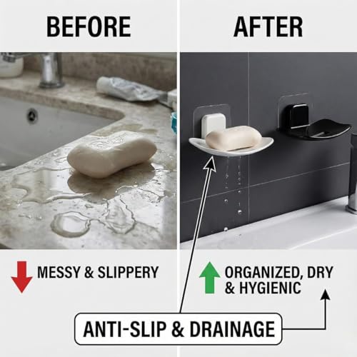 Image of Wall Mounted Soap Dish Holder, Self Adhesive, Curved Tray Design, Bathroom Organizer, Available in White and Black
