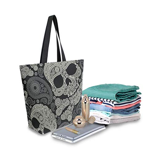 Image of Halloween Skull Canvas Tote Grocery Bag Shoulder Casual Book Bag Large for Women Teachers, Sugar Skull Cotton Bag Shopping Purse Handbag Reusable Multipurpose Use