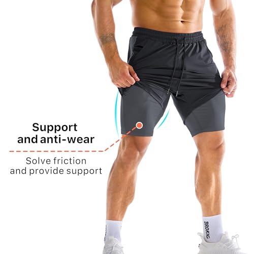 BROKIG Men's Dual-Layer Gym Shorts, Lightweight Quick Dry Running Bodybuilding 7'' Fitted Workout Short Lined-Zip Pocket2
