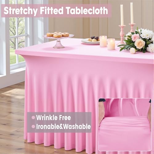 Image of Outpain 6ft Spandex Table Cloth for Standard Folding Tables-4Pack Baby Pink Table Cloth Table Protector for Party, Wedding, Cocktail, Banquet, Festival