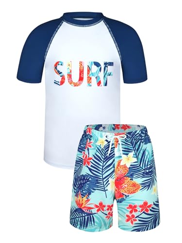Kids Boys Two Pieces Athletic Swimsuits Short Sleeve Swim Shirts with Shorts Rash Guards