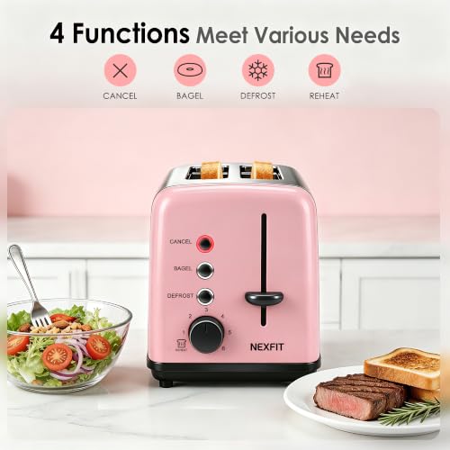 Image of Toaster 2 Slice, Stainless Steel, 6 Shade Settings, 1.5 inch Extra Wide Slots | NEXFIT Retro Toaster with Bagel, Defrost, Reheat & Cancel Functions, 900W, Removable Crumb Tray, High Lift, Cord Wrap, Pink