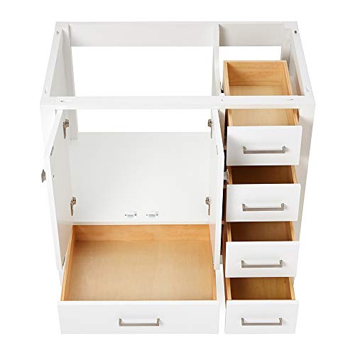 Ariel 36" Inch White Bathroom Vanity Base Cabinet | Left Offset Sink Configuration | 2 Soft Closing Doors & 5 Full Extension Dovetail Drawers | Satin Nickel Hardware #TOP3