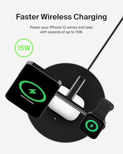 Image of Belkin MagSafe Charger, 3-in-1 Wireless Charging Stand, 2ND GEN, 33% Faster for Apple Watch, iPhone 16, iPhone 15, iPhone 14 Series, AirPods - MagSafe Charging Station for Multiple Devices - Black