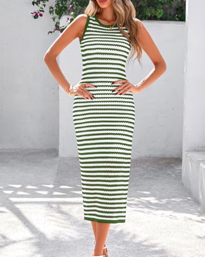 Image of Zenlonr Women's Sleeveless Summer Dresses 2025 Casual Crochet Knit Sundress Striped Long Tank Dress Beach Slip Dress