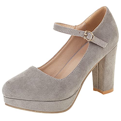KISSASA Womens Faux Suede High Heel Mary Janes Chunky Round Toe Platform Ankle Strap Pumps Office Work Dress Shoes