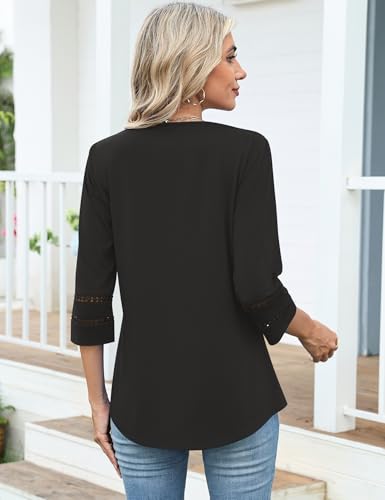 Ivicoer 3/4 Length Sleeve Womens Tops V Neck Lace Embroidered Summer Blouses Loose Fit Tunic Dressy Casual2