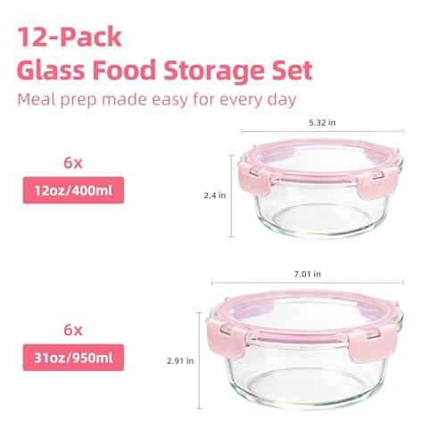 Image of Konokyo Round Glass Food Storage Containers with Lids, Meal Prep, 12 Pack