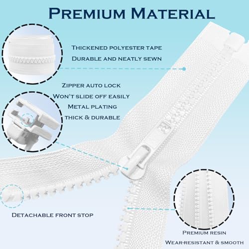 Image of ANPURZII 2PCS #5 25 Inch White Separating Jacket Zippers for Sewing Coats, Molded Plastic Bulk Zippers(White 25 inch 2PCS)