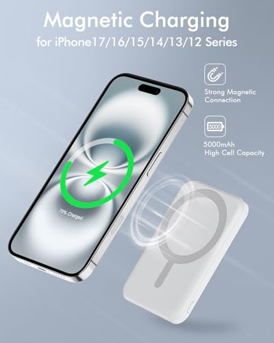 Image of podoru for Magsafe Battery Pack, 5000mAh Magnetic Power Bank with Type-C Cable 20W PD Fast Charging Lighting Input Wireless Portable Charger for iPhone 17 /16 /15 /14 /13 /12 / All Series-Snow White