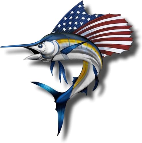Image of USA Marlin Fish Sticker Patriotic 3 Pieces Set, Salt Water Fish Sticker, Swordfish Decal, 6 Inches - Car Bumper, Laptop, Tumbler Helmet, Self Adhesive Vinyl, Weatherproof