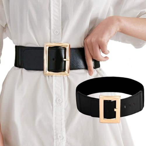 Yalice Wide Elastic Belt Women Thick Black Waist Belts for Dresses Retro Chunky Stretchy Belt with Gold Buckle