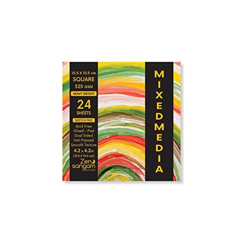 Image of Zen Sangam Artists' Square Heavy Weight Mixed Media Glued Sketch Paper Pad - 325GSM, Hot Pressed - 24 Sheets - Smooth Texture Surface (10.5x10.5cm) Heavy-body Paints,Calligraphy and BrushPen Lettering