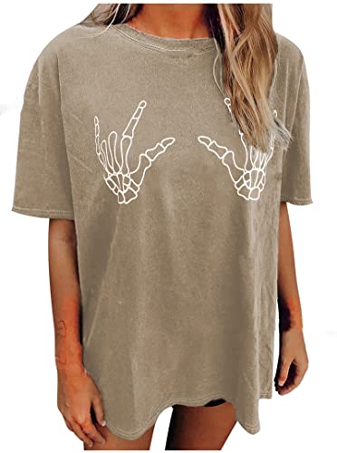 Avanova Women's Skull Graphic Print Oversized Tee Short Sleeve Casual Summer Loose T Shirt A Khaki Medium #TOP28
