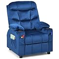 COSTWAY Larger Kids Recliner Chair, Adjustable Lounge Recliner w/ 2 Cup Holders, 1 Side Pocket, 2 Front Pockets, Footrest, Velvet Fabric Recliner for Boys & Girls, Ideal for Bedroom by COSTWAY