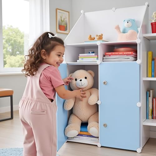 Image of Sunderlook Plastic Wardrobe for Kids Clothes - Collapsible Wardrobe, Easy to Use Anti-Skid & Non-Slip Effective Professional Foldable Plastic Cupboard for Kids, Home (Blue-HD2, 4 + 2 Door)
