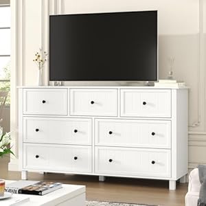 Farmhouse dresser with 7 drawers white dresser for bedroom chest of drawers modern dresser for closet tv stand with large drawers storage dresser organizer clothes for living room hallway  urban country home decor