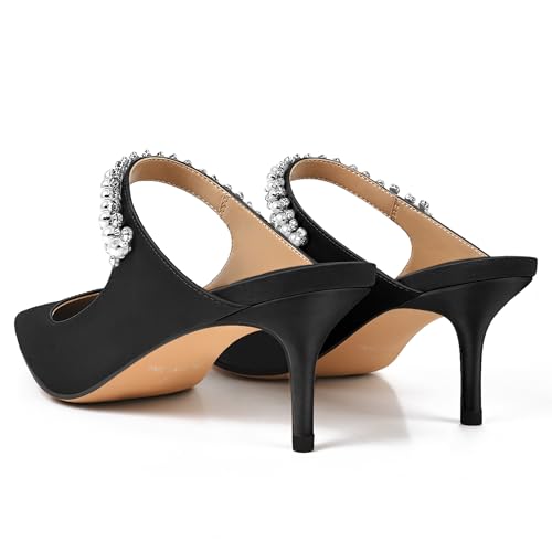 Image of XINIUNIU Heeled Mules for Women Rhinestone Heels Pointed Toe Slip On 2.5 Inch Kitten Stiletto Closed Toe Sandals Dress Wedding Pump Shoes