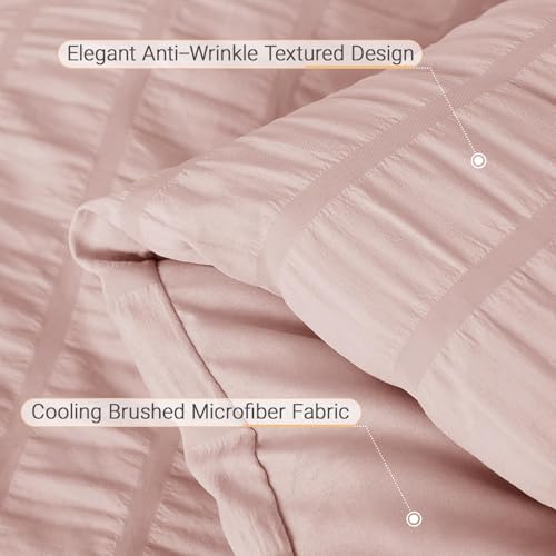Image of MUXHOMO 7 Pieces King Comforter Set, Seersucker Bed in a Bag King Size, All Season Luxury Bedding Set with Comforter, Flat Sheet, Fitted Sheet, Pillowcases & Shams, Rose Gold