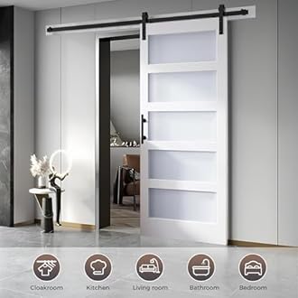 S&Z TOPHAND® 18 in x 84 in Double Glass MDF Barn Doors with 6.6FT Hardware Kit, 5 Tempered Frosted Glass, Slab Inside Covered with Water-Proof PVC Surface, Simple DIY Assembly