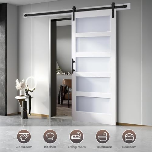 S&Z TOPHAND® 44in x 84in Double Glass Sliding MDF Barn Door with 16FT Sliding Door Hardware Kit, 5 Tempered Frosted Glass, Slab Inside Covered with Water-Proof PVC Surface, Simple DIY Assembly