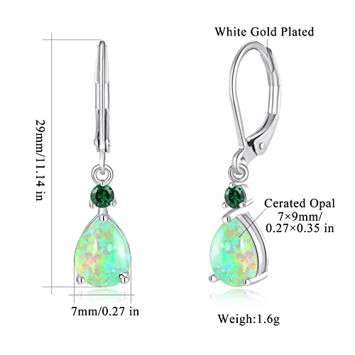 Cinily Womens Opal Dangle Earrings For Girls Leverback Drop Earrings 14K White Gold Plated Green Cubic Zircon Teardrop Gemstone Earrings Jewelry Gift Sensitive Ears #TOP2