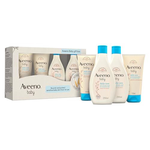 Aveeno Baby Daily Care Gift Box for Sensitive Skin Hair & Body Wash 250ml Nappy Cream 100ml Moisturizing Lotion 150ml 24 hour moisture