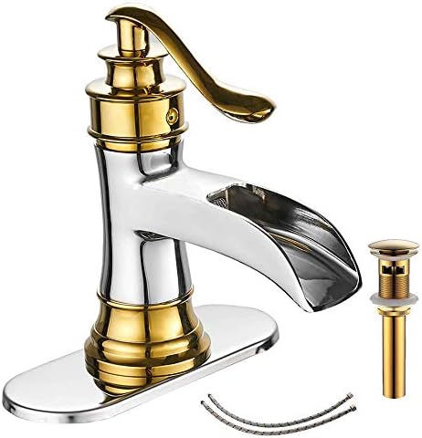 Homevacious Bathroom Faucet Waterfall Single Handle Chrome and Gold Vanity with Pop Up Drain with Overflow One Hole Lever Bath Sink Basin Restroom Mixer Tap Commercial Supply Line Lead-Free