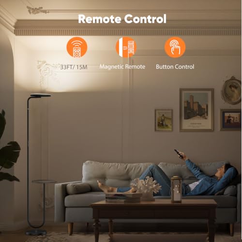 Image of SIBRILLE 36W LED Floor Lamp with Table, Super Bright Standing Lamp, Modern Stepless Dimmable Torchiere Tall Lamp with Remote Control, 350Rotating Head Floor Lamp for Living Room, Bedroom, Office