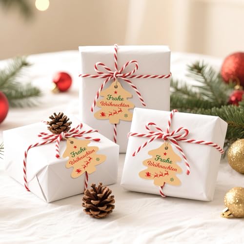 G2PLUS Weihnachtsbaum Geschenkanhänger mit Frohe Weihnachten: 6cm Papier Weihnachtsanhänger mit Schnur, 100 Stk Braun Weihnachtliche Etiketten für Geschenkverpackung, Weihnachtsdeko