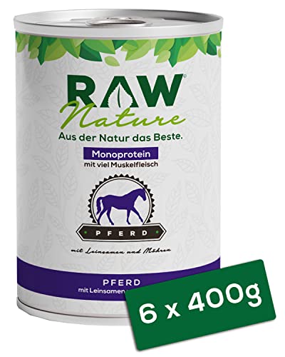 RAW Nature - Pferd Pur 6x400g - Mit Leinsamen - Nassfutter für Hunde - Hoher Fleischanteil - Monoprotein - Alleinfuttermittel - Getreidefreies Hundefutter (6er Pack)