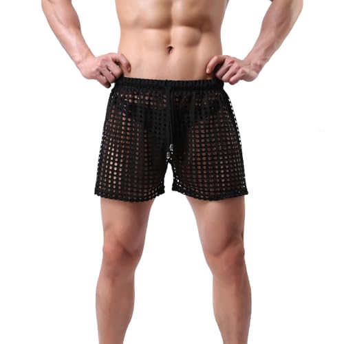 Mens Sexy Hollow Out Mesh Shorts Valentine's Day Pajamas Shorts Drawstring Elastic Waist Lounge Short Pants2