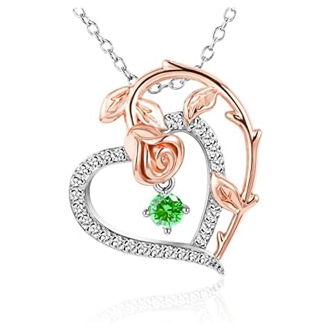 SNZM Birthstone Necklace for Women 925 Sterling Silver Heart Love Story Rose Flower Jewelry Pendant Necklaces-Birthday Anniversary Valentines Gift for Mother Daughter Wife (05-May-Created Emerald) Cover