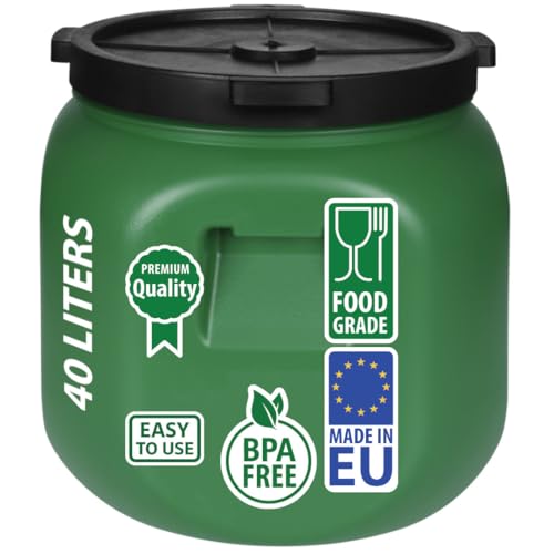 F & R Regentonne mit Deckel 40 Liter aus HDPE I Futtertonne Pferd I Wassertank Fass Tonne mit Deckel I Regenfass für Garten I Regenwassertonne I Wassertonne I Gärfass I Regenwassertank