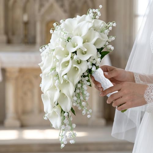Bouquet de mariée cascade de lys calla blancs artificiels sans flétrissement - 4