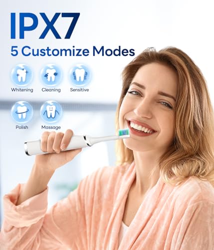 Image of Bymore Electric Toothbrush for Adults,Travel Sonic Toothbrush with 8 Replacement Heads, Ultra Clean Rechargeable Toothbrush Portable One Charge for 330days 5 Modes 2mins Timer-White
