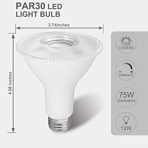 Axotexe Par30 Led Bulb 5000K Daylight White Dimmable Long Neck Flood Light 12W(75W Equivalent) 1300Lm E26 Spot Light Indoor/Outdoor 4-Pack #TOP1