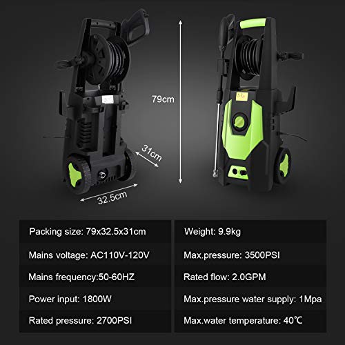 mrliance 3500PSI Electric Pressure Washer 2.0GPM Power Washer 1800W High Pressure Washer Cleaner Machine with Spray Gun, Hose Reel, Brush, and 4 Adjustable Nozzles (Green)
