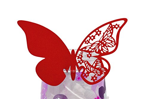 Medigy Lot de 50 Cartes Marque place Papillon Shimmer Motif découpé au Laser Verre à vin pour décoration de Mariage, Rouge, 10.4 x 7 x 1.8 cm