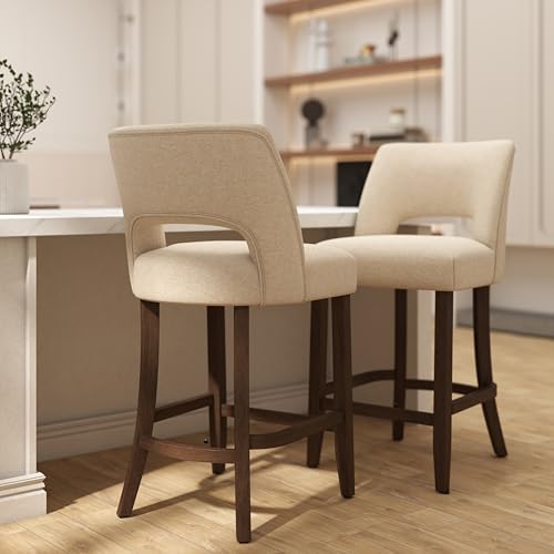 Image of VKNOW Bar Stools Set of 6, 26 inch Upholstered Counter Height Bar Stools, Modern Counter Stools with Wood Legs for Kitchen Island Dining Room Bar, Beige