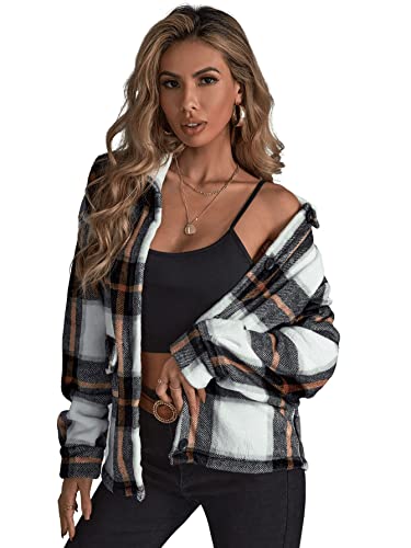 Soly Hux Women's Plaid Flannel Shacket Jacket Long Sleeve Button Down Casual Fall Coats Shirt Black White Plaid M #TOP2