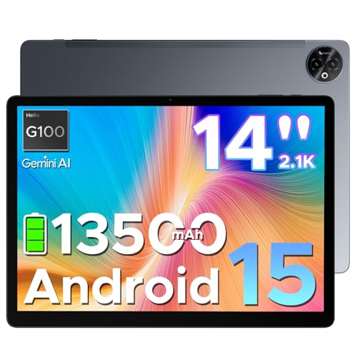 DOOGEE Tab E3 MAX Android 15 Tablet 14 Pulgadas, 13500mAh, 32GB+256GB/TF 2TB, Octa-Core Helio G100, Gemini AI, 13MP+5MP/WiFi 5G/GPS/BT5/OTG/FACE ID/Altavoces Cuádruples/Jack 3.5mm/4G Dual SIM Tableta