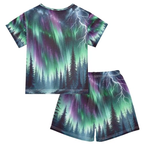 Pajama Sets Short Sleeve Watercolor Northern Light Soft Cotton Summer Sleepwear 2 Piece PJS Size 5-14T2