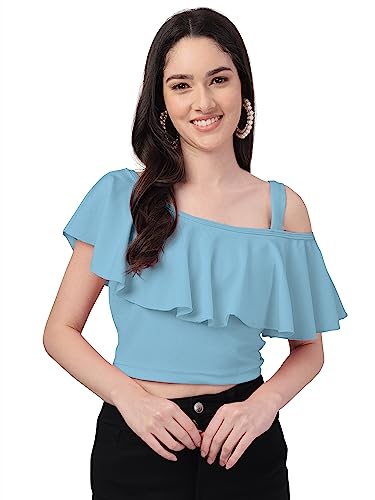 Image of Mehrang Women's Casual Solid Flared Crop Top Round Neck Stretchable Blend for Women /Top for Girls