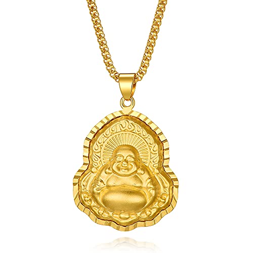 24K Gold Plated Laughing Buddha Necklace Religious Pendant Lucky Amulet Protection Fengshui Jewelry