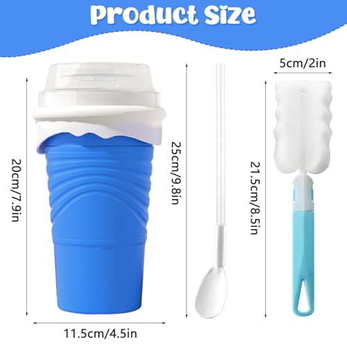 Herbst Slushy Maker Becher 500ml Silikon Squeeze Cup mit Strohhalmlöffel Slush Eis Becher DIY Ice Cup Slushy Maker Cup Smoothie Becher mit Reinigungsbürste (Blau) – Bild 3
